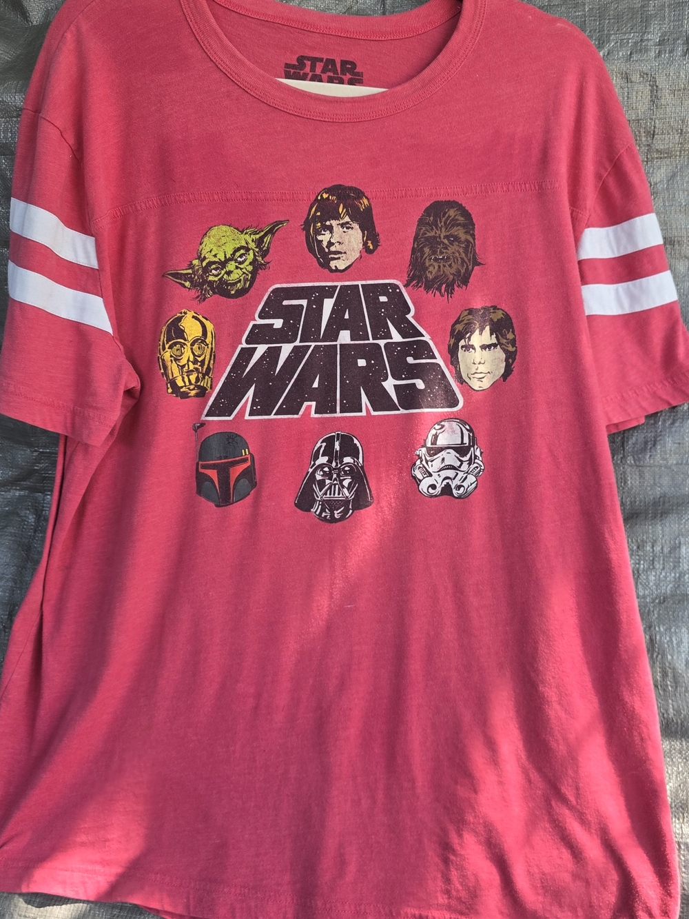 Retro Star Wars Red Graphic Tee with Stripe Sleeves Size XL